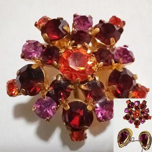 New GLORIOUS RUBY RED & FUCHSIA Rhinestone Brooch & Earrings in Gold